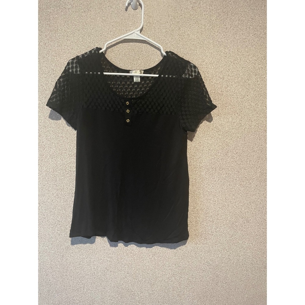 Bozzolo Black Lace Top Short Sleeve‎ Blouse Gold Button Detail Women's